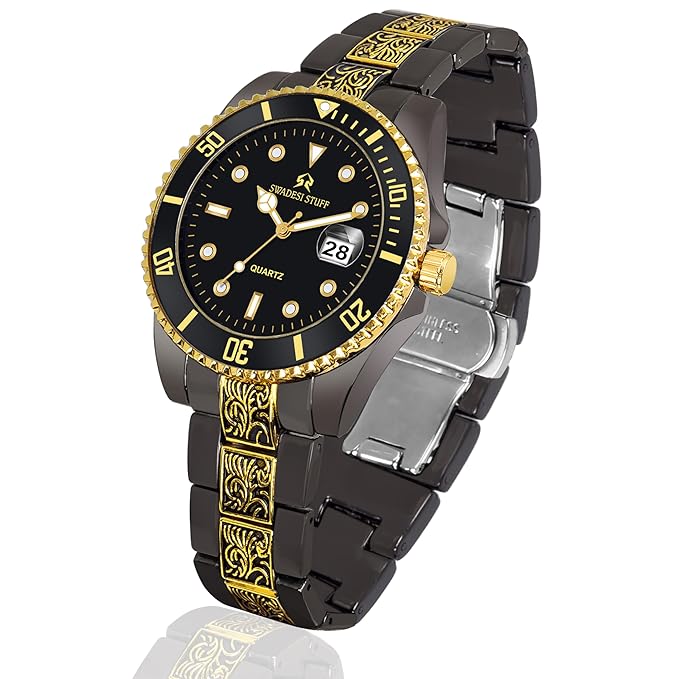SWADESI STUFF Brilliance Black Hand-Grooving Date Dial Premium Luxury Stainless Steel Strap Analog Watch for Men
