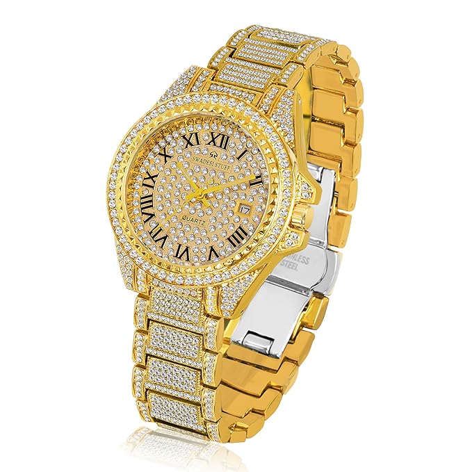 Glint - Hand-Studded Diamonds Date Dial Premium Luxury Stainless Steel Strap Analog Watch for Men