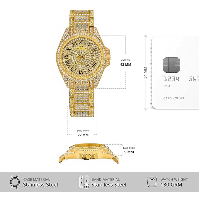 Glint - Hand-Studded Diamonds Date Dial Premium Luxury Stainless Steel Strap Analog Watch for Men