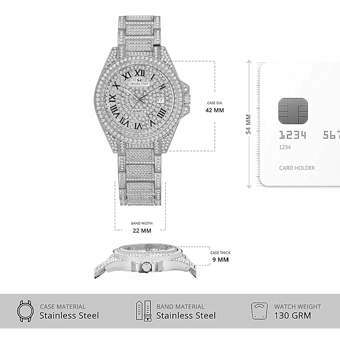 Glint - Hand-Studded Diamonds Date Dial Premium Luxury Stainless Steel Strap Analog Watch for Men