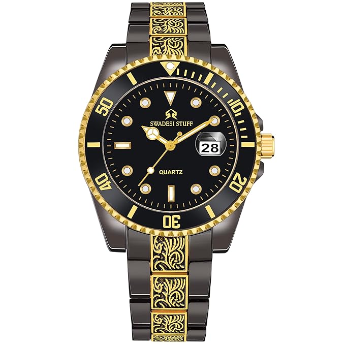 SWADESI STUFF Brilliance Black Hand-Grooving Date Dial Premium Luxury Stainless Steel Strap Analog Watch for Men