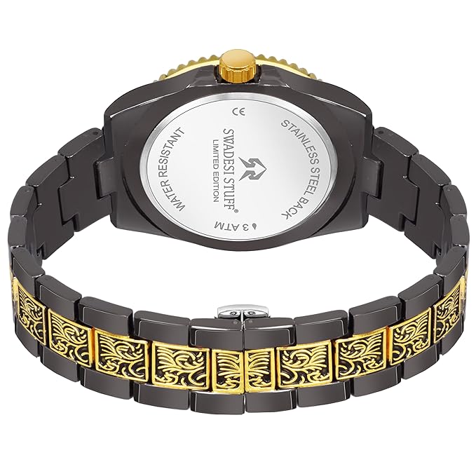 SWADESI STUFF Brilliance Black Hand-Grooving Date Dial Premium Luxury Stainless Steel Strap Analog Watch for Men