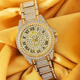 Glint - Hand-Studded Diamonds Date Dial Premium Luxury Stainless Steel Strap Analog Watch for Men