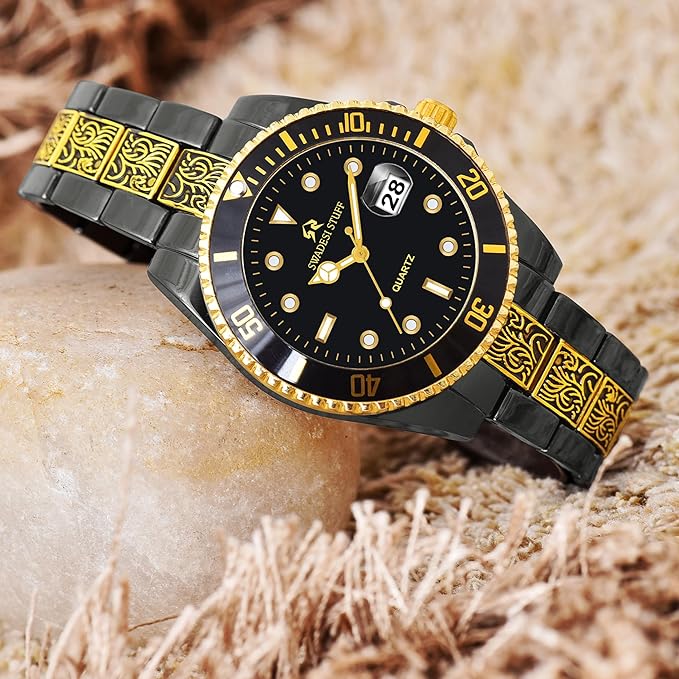 SWADESI STUFF Brilliance Black Hand-Grooving Date Dial Premium Luxury Stainless Steel Strap Analog Watch for Men