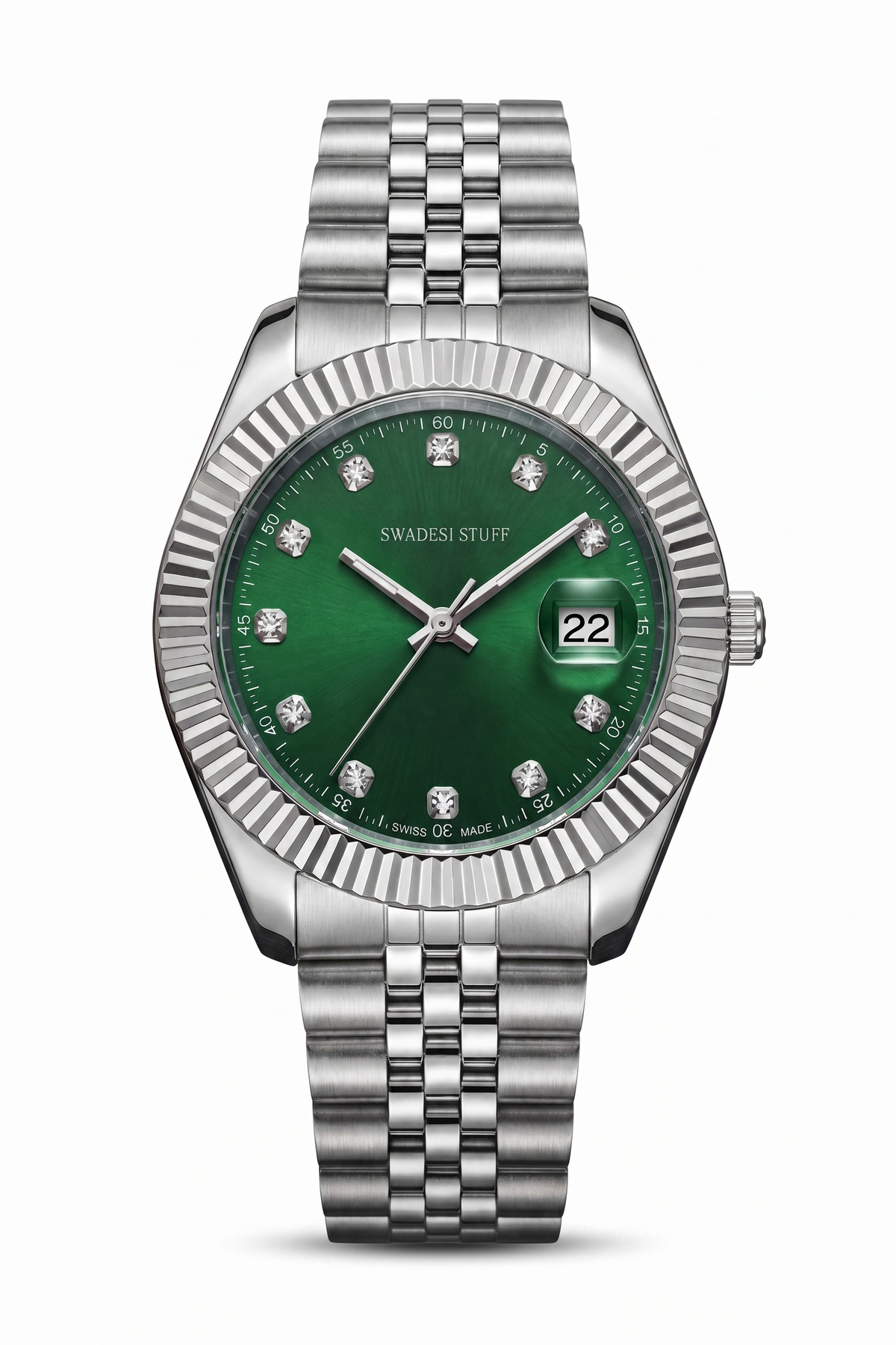 Swatch watch with green dial and silver metal bracelet on a white background