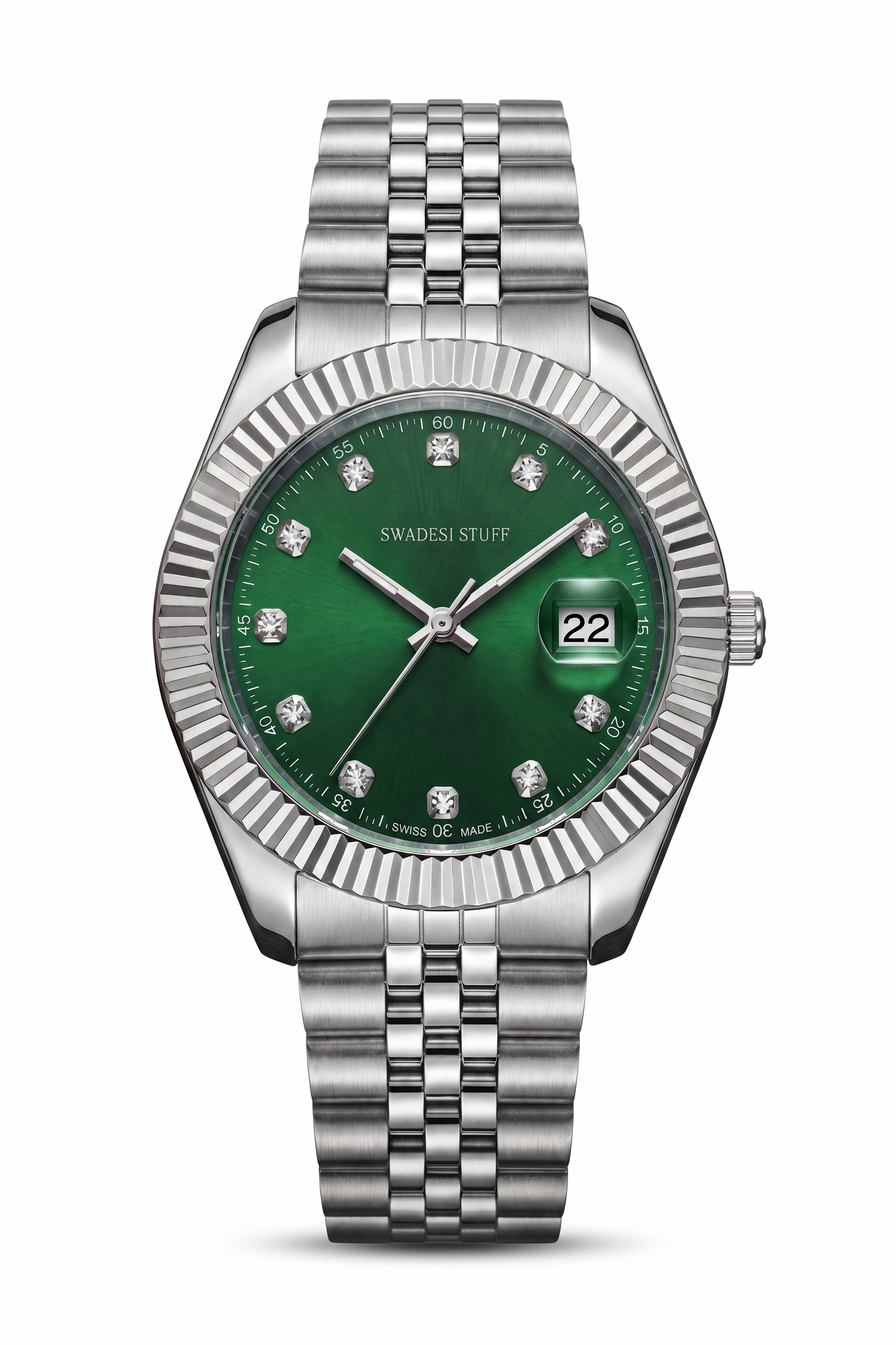 Swatch watch with green dial and silver metal bracelet on a white background