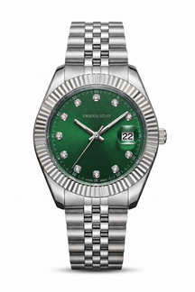Swatch watch with green dial and silver metal bracelet on a white background