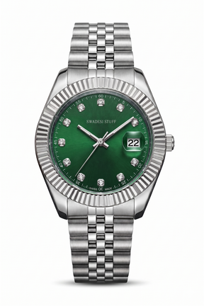 Swatch watch with green dial and silver metal bracelet on a white background