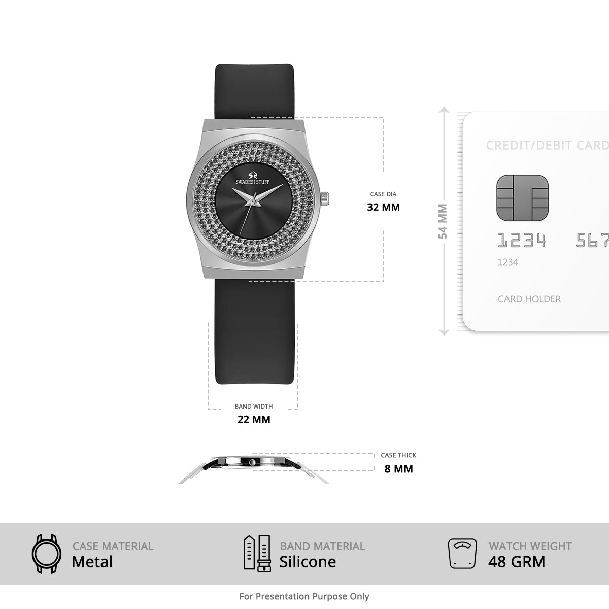 Crystalline Charm - Black - Premium & Luxurious Watch For Women